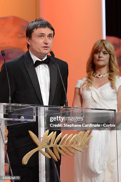 Winner Scenario for 'Beyond the Hills' Christian Mungiu and actress Nastassja Kinski onstage at the Closing Ceremony during the 65th Annual Cannes...