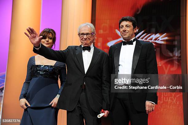 Ken Loach receives the Jury Prize for 'The Angels' Share' by Patrick Bruel and Laura Morante onstage at the Closing Ceremony during the 65th Annual...