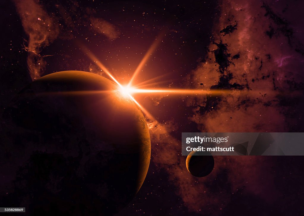 Sunrise in space with earth and moon