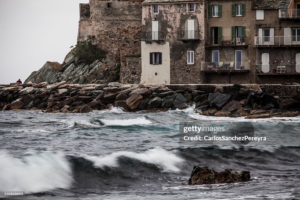 France, Corsica, Cap de Corse, Erbalunga, Building on seashore