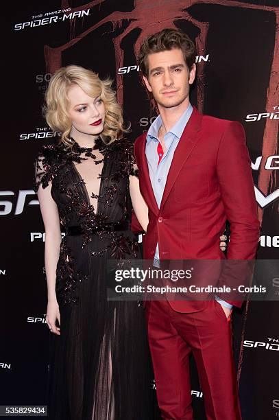 Emma Stone and Andrew Garfield attend The Amazing Spider-Man Premiere at Le Grand Rex, in Paris