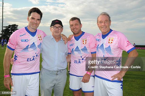 Thomas Gibson, Franck Riboud, Jacques Bungert and Christophe Chenut during the ELA Charity Football Match at the Evian Masters 2012.