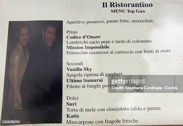 Local restaurant displays a special "Menu Top Gun" in hopes of attracting more business there in Bracciano for Tom Cruise and Katie Holmes' high...