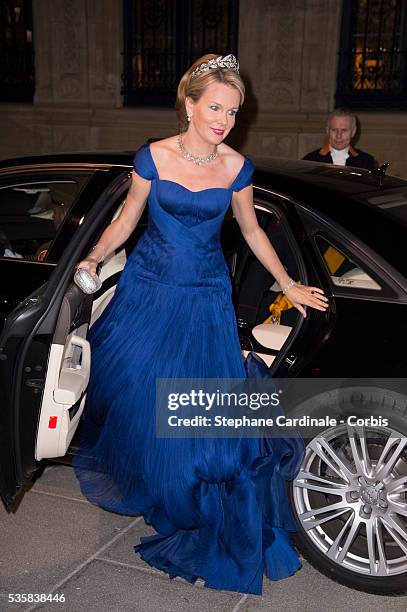 Princess Mathilde of Belgium attends the Gala dinner for the wedding of Prince Guillaume of Luxembourg and Stephanie de Lannoy at the Grand-ducal...