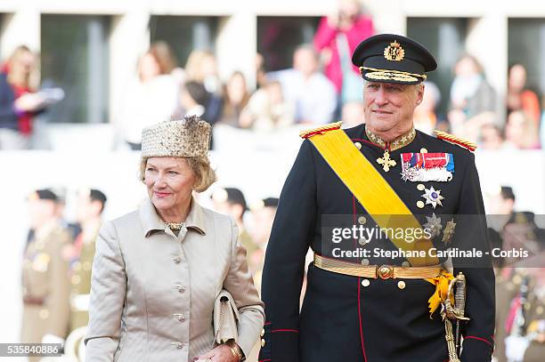 King Harald V of Norway and Queen Sonja of Norway attend the wedding ceremony of Prince Guillaume of Luxembourg and Princess Stephanie of Luxembourg...