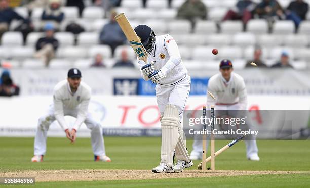 Shaminda Eranga of Sri Lanka is bowled by James Anderson of England during day four of the 2nd Investec Test match between England and Sri Lanka at...