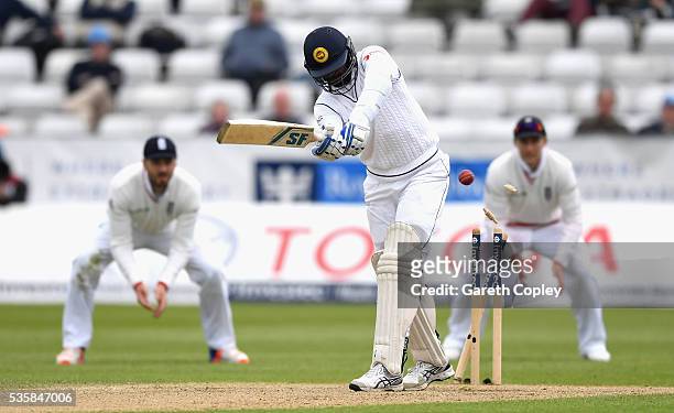 Shaminda Eranga of Sri Lanka is bowled by James Anderson of England during day four of the 2nd Investec Test match between England and Sri Lanka at...
