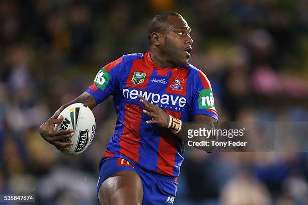 Akuila Uate of the Knights in action during the round 12 NRL match between the Newcastle Knights and the Parramatta Eels at Hunter Stadium on May 30,...