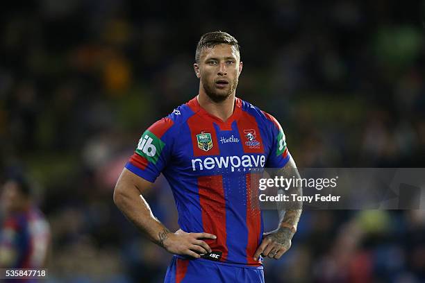 Tariq Sims of the Knights during the round 12 NRL match between the Newcastle Knights and the Parramatta Eels at Hunter Stadium on May 30, 2016 in...