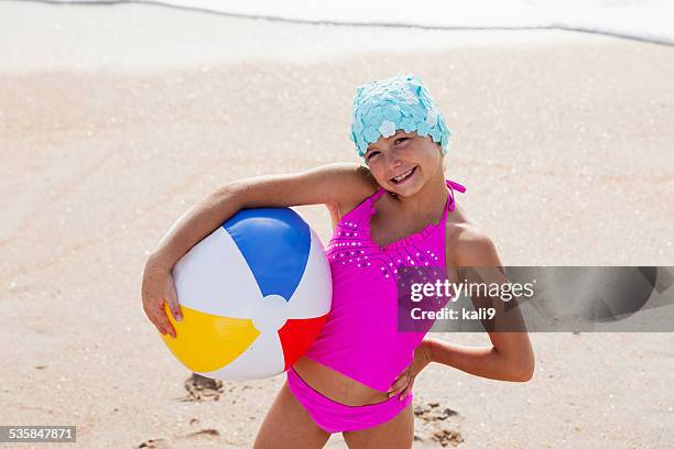 little girl in retro swim cap - kids swimsuit models stockfoto's en -beelden