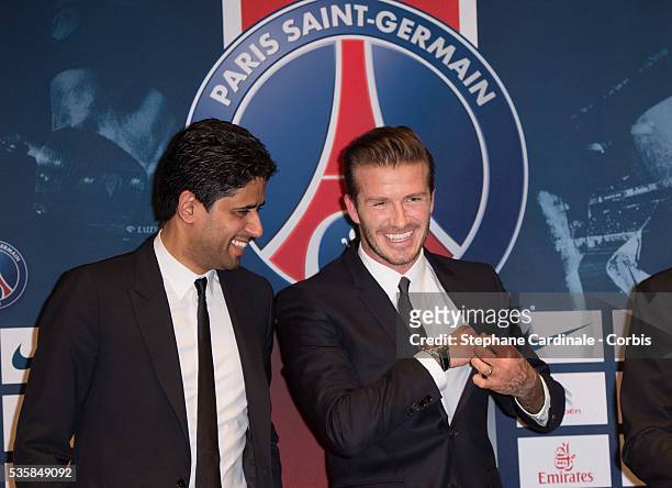 President of PSG Nasser Al-Khelaifi and International soccer player David Beckham after Beckham Press Conference at Parc des Princes, in Paris.