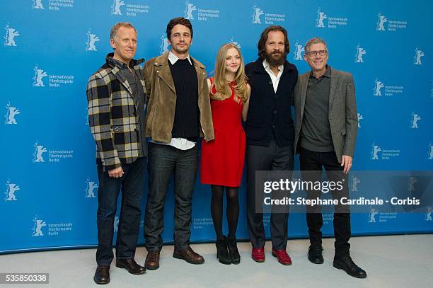 Director Rob Epstein, actor James Franco, actress Amanda Seyfried, actor Peter Sargaard and director Jeffrey Friedman attend the Lovelace Photocall...