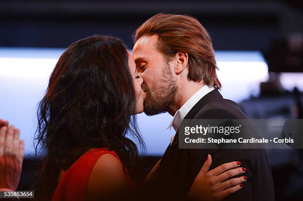 Matthias Schoenaerts kisses his girlfriend Alexandra after he received the Best Young Actor Cesar for 'De rouille et d'os' during the Cesar Awards...