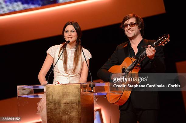 Thomas Dutronc and Emilie Simon perform onstage during the Cesar Awards Ceremony 2013 at Theatre du Chatelet, in Paris.