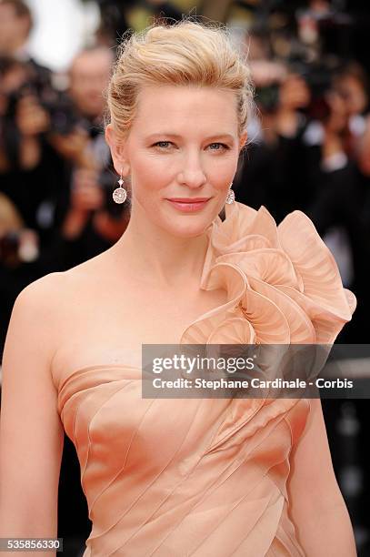 Actress Cate Blanchett arrives at the premiere of "Blindness" during the 61st Cannes Film Festival. Dress by Armani Prive; jewelry by Chopard.