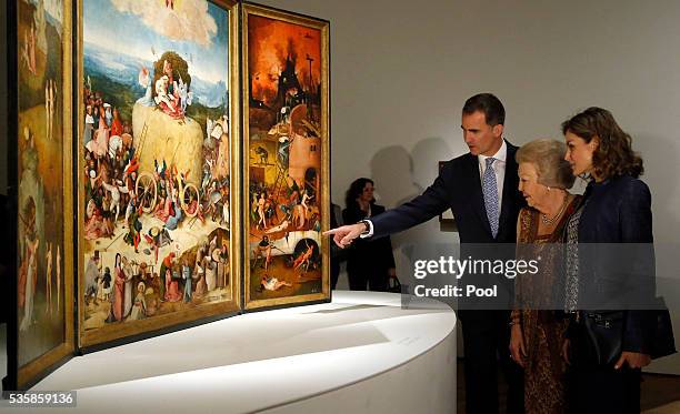 King Felipe of Spain , Queen Letizia of Spain and Beatrix of the Netherlands during a visit to the 'El Bosco' 5th Centenary Anniversary Exhibition at...