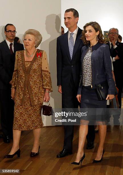 King Felipe of Spain , Queen Letizia of Spain and Beatrix of the Netherlands during a visit to the 'El Bosco' 5th Centenary Anniversary Exhibition at...