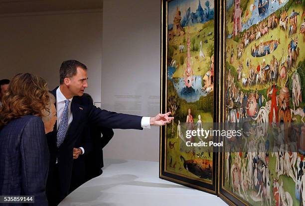 King Felipe of Spain , Queen Letizia of Spain and Beatrix of the Netherlands view "The Garden of Earthly Delights" by Hieronymus Boschduring a visit...