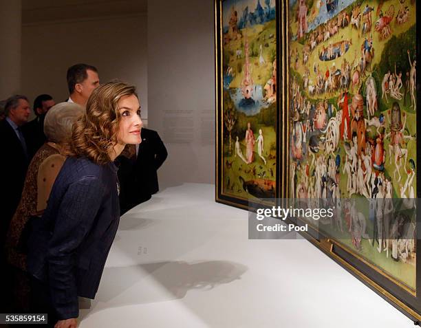 Queen Letizia of Spain views "The Garden of Earthly Delights" by Hieronymus Boschduring a visit to the 'El Bosco' 5th Centenary Anniversary...