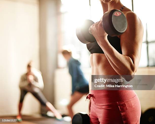 healthy young female weight training in gym. - dumbbell stock pictures, royalty-free photos & images
