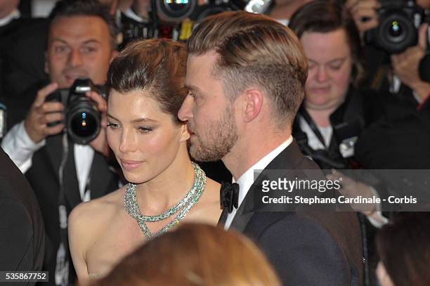 Jessica Biel and Justin Timberlake attend the 'Inside Llewyn Davis' premiere during the 66th Cannes International Film Festival.