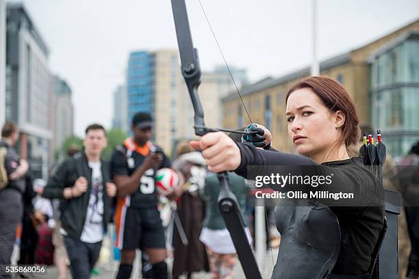 Cosplay enthusiast dressed as Katniss Everdeen from The Hunger Games on Day 2 of MCM London Comic Con at The London ExCel on May 28, 2016 in London,...