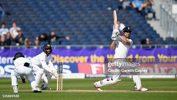 England captain Alastair Cook bats during day four of the 2nd Investec Test match between England and Sri Lanka at Emirates Durham ICG on May 30,...