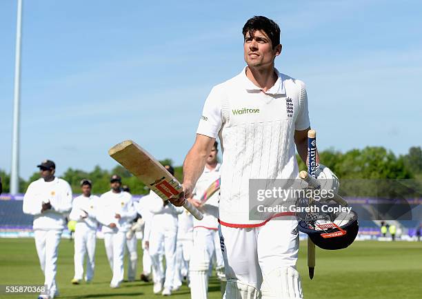 England captain Alastair Cook salutes the crowd as he leaves the field after winning the 2nd Investec Test match between England and Sri Lanka at...