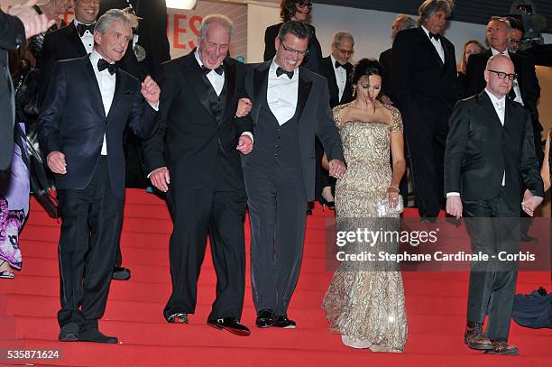 Michael Douglas, Jerry Weintraub, Matt Damon, Guest and Steven Soderbergh attend the 'Behind The Candelabra' premiere during the 66th Cannes...