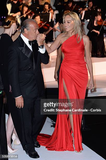 Fawaz Gruosi and Sharon Stone attend the 'de Grisogono Party' during the 66th Cannes International Film Festival.