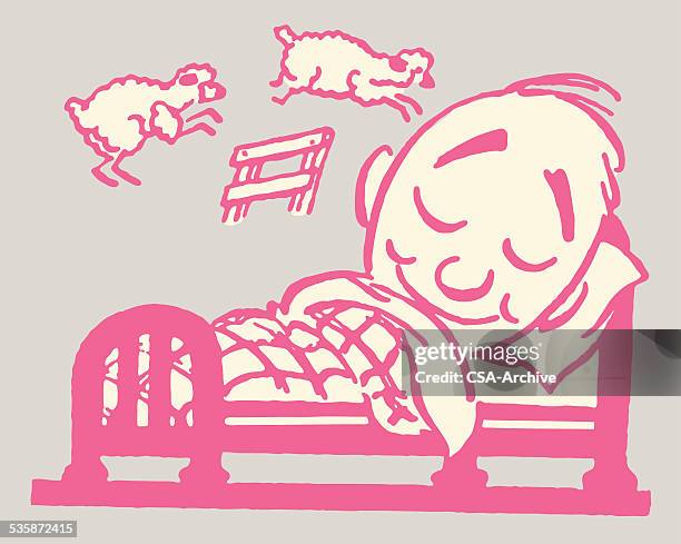 man counting sheep - sleeping sheep stock illustrations