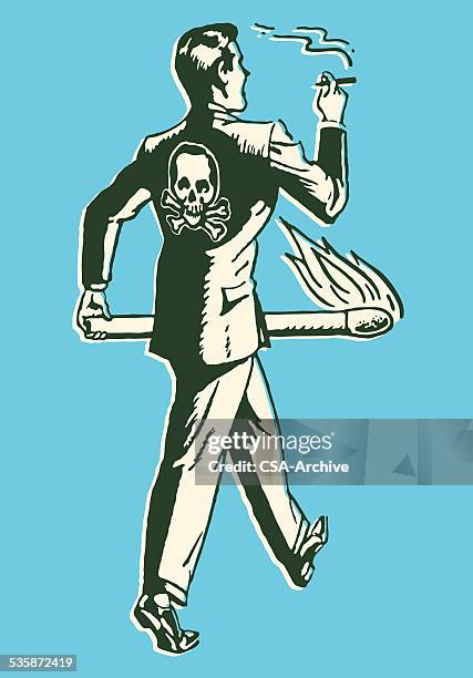 man in jacket with poison symbol smoking - matchbox stock illustrations