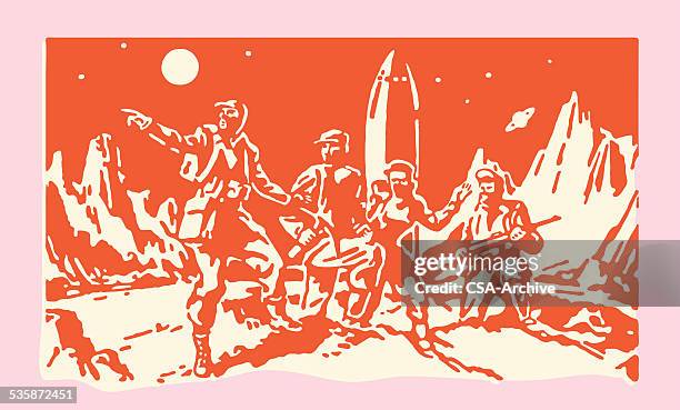 stockillustraties, clipart, cartoons en iconen met space crew on foreign planet - space suit