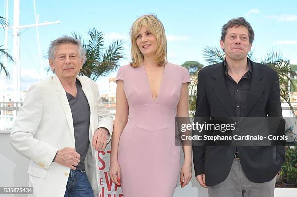 Director Roman Polanski, actress Emmanuelle Seigner and Mathieu Amalric attend the 'La Venus A La Fourrure' photo call during the 66th Cannes...