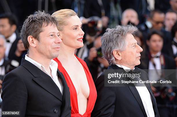 Mathieu Amalric, Emmanuelle Seigner and Director Roman Polanski attend the 'La Venus A La Fourrure' premiere during the 66th Cannes International...