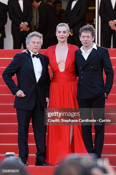 Director Roman Polanski, Emmanuelle Seigner and Mathieu Amalric attend the 'La Venus A La Fourrure' premiere during the 66th Cannes International...