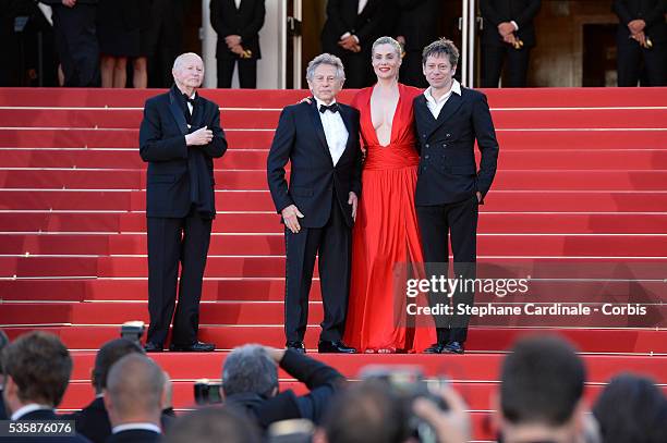 Director Roman Polanski, Emmanuelle Seigner and Mathieu Amalric attend the 'La Venus A La Fourrure' premiere during the 66th Cannes International...