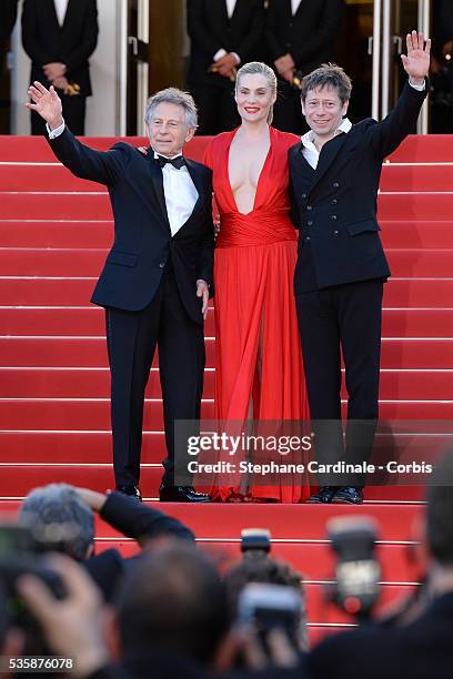 Director Roman Polanski, Emmanuelle Seigner and Mathieu Amalric attend the 'La Venus A La Fourrure' premiere during the 66th Cannes International...