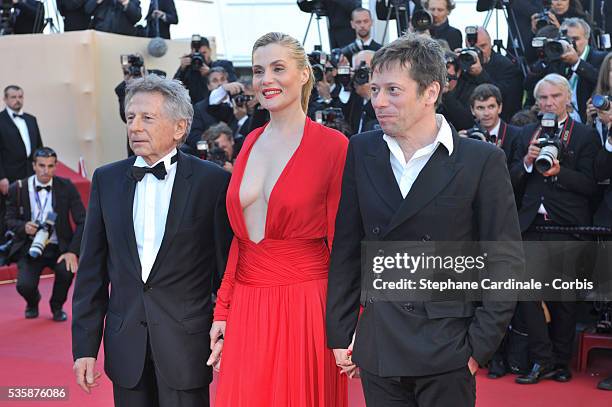 Director Roman Polanski, Emmanuelle Seigner and Mathieu Amalric attend the 'La Venus A La Fourrure' premiere during the 66th Cannes International...