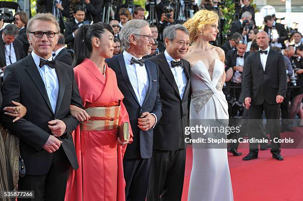 Christoph Waltz, Lynne Ramsay, Naomi Kawase, President of the Feature Film Jury Steven Spielberg, jury members Ang Lee and Nicole Kidman attend the...