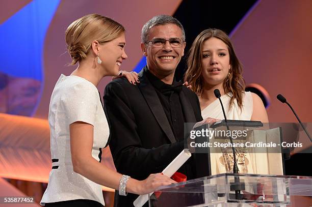 Actress Lea Seydoux, director Abdellatif Kechiche and actress Adele Exarchopoulos speak on stage after 'La Vie D'adele' receives the Palme D'or' at...