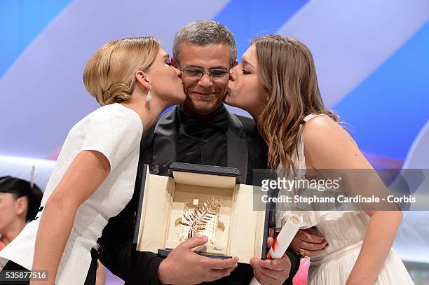 Actress Lea Seydoux, director Abdellatif Kechiche and actress Adele Exarchopoulos speak on stage after 'La Vie D'adele' receives the Palme D'or' at...
