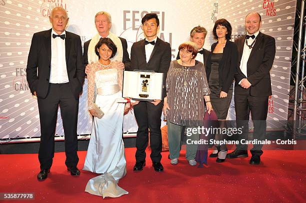 President of the Camera d'Or jury Agnes Varda and Director Anthony Chen , winner of the 'Camera d'Or' for Best First Film attend the 'Palme D'Or...