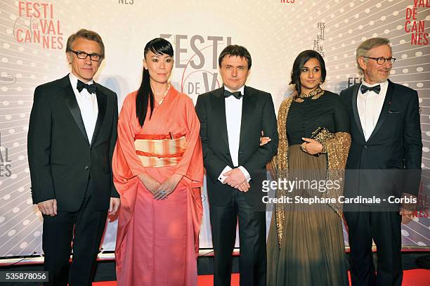 Christoph Waltz, Naomi Kawase, Cristian Mungiu, Vidya Balan and Steven Spielberg attend the 'Palme D'Or Winners dinner' during the 66th Cannes...