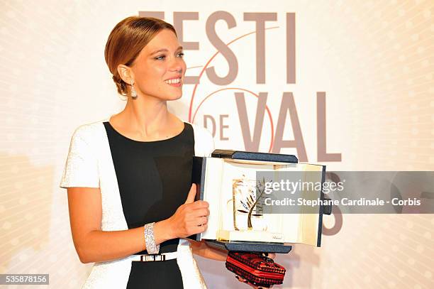 Actress Lea Seydoux, winner of the 'Palme d'Or' for 'La Vie D'adele' attends the 'Palme D'Or Winners dinner' during the 66th Cannes International...