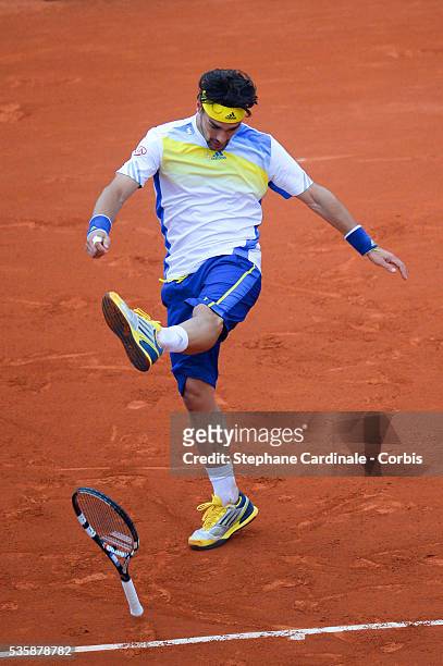 Fabio Fognini of Italy plays during his Men's Singles match against Rafael Nadal of Spain during day seven of the French Open at Roland Garros on...