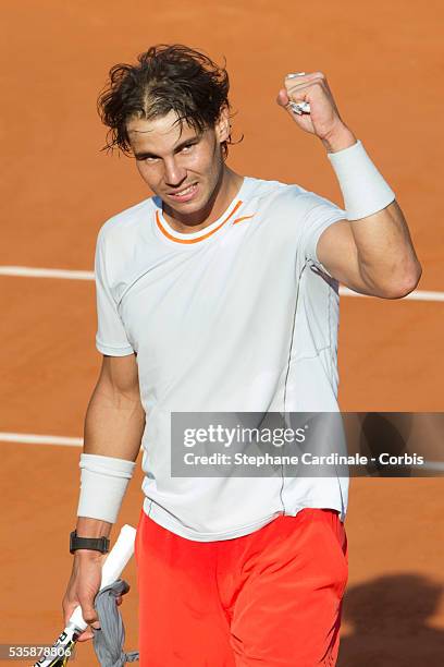 Rafael Nadal of Spain celebrates his victory in his Men's Singles match against Fabio Fognini of Italy during day seven of the French Open at Roland...