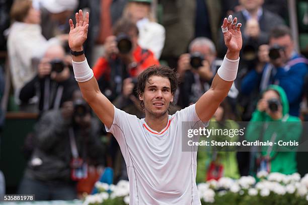 Rafael Nadal of Spain celebrates match point during the Men's Singles final match against David Ferrer of Spain on day fifteen of the French Open at...