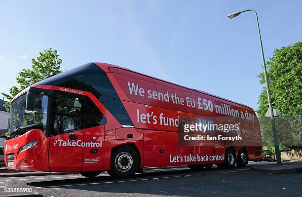The Brexit battle bus arrives at Chester-Le-Street Cricket Club ahead of a visit by Boris Johnson MP and former England test cricketer Sir Ian Botham...