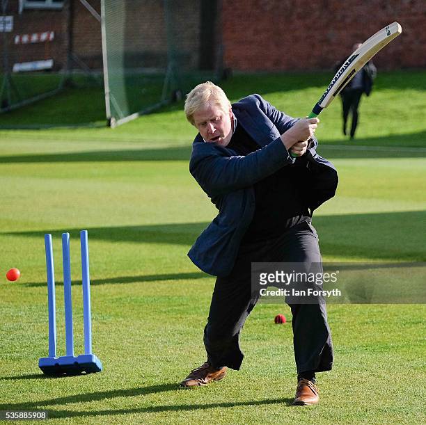 Boris Johnson MP takes to the wicket during a visit to Chester-Le-Street Cricket Club as part of the Brexit tour on May 30, 2016 in...